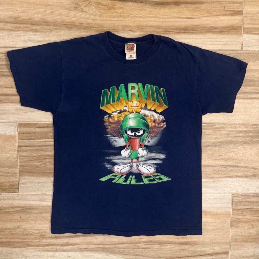 Vintage Marvin the Martian Marvin Rules Navy Blue Graphic T-Shirt Medium Looney